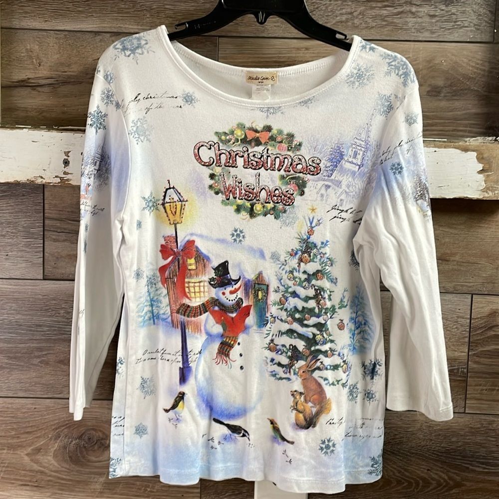 Studio Gem Women Christmas Wishes Rhinestone Embellished Top Snowman Vintage SzL